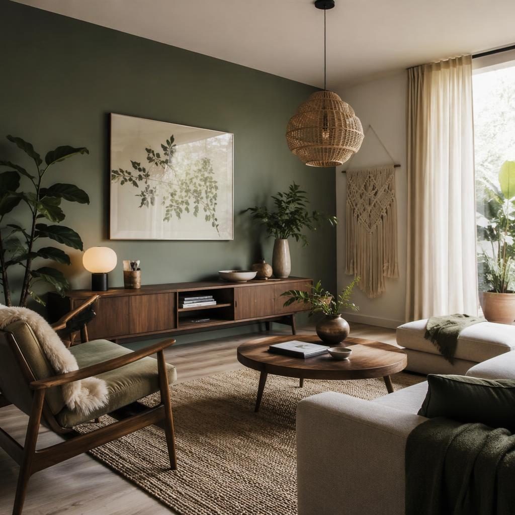 Mid-Century-Wohnzimmer in Salbei und Creme mit Naturmaterialien, Pflanzen, Kunst, Textilien und Makramee-Dekor