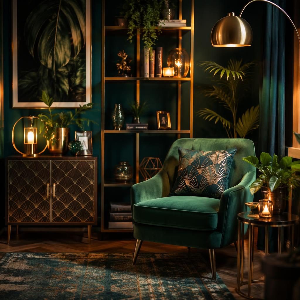 Coin lecture bohème dans un salon art déco émeraude, palette bleu et laiton, plantes, textiles et lumière du soir.