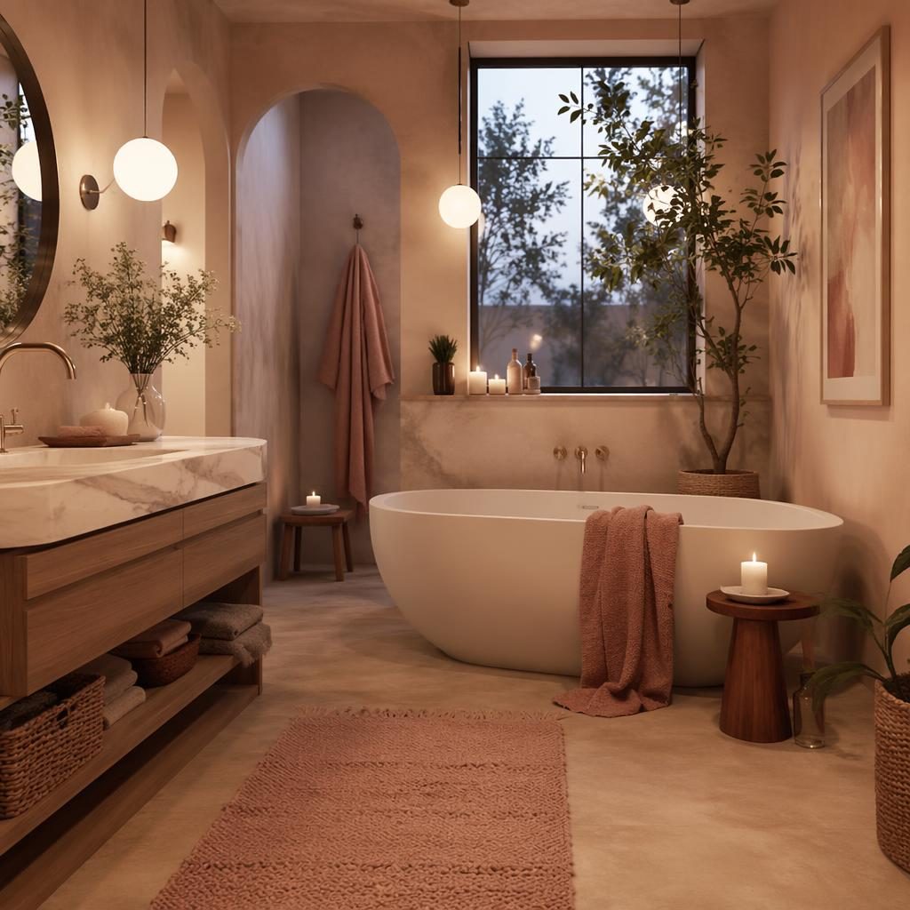 Scandinavian home gym interior with boho bathroom styling, pastel pink and beige palette, plants, textiles, and warm evening light.
