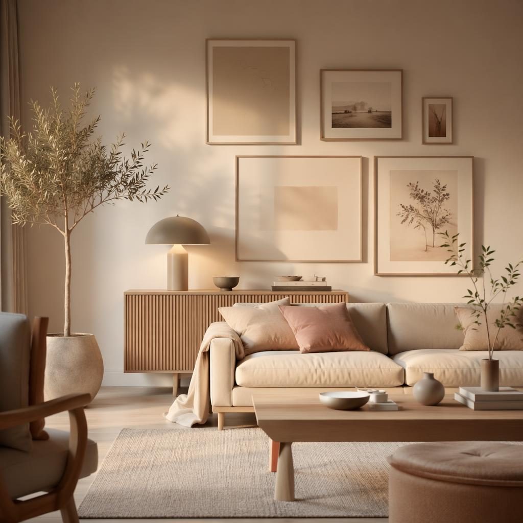 Skandinavisches Wohnzimmer in Beige und Pastellrosa mit Wanddeko, Naturmaterialien, Pflanzen, Textilien und warmem Licht