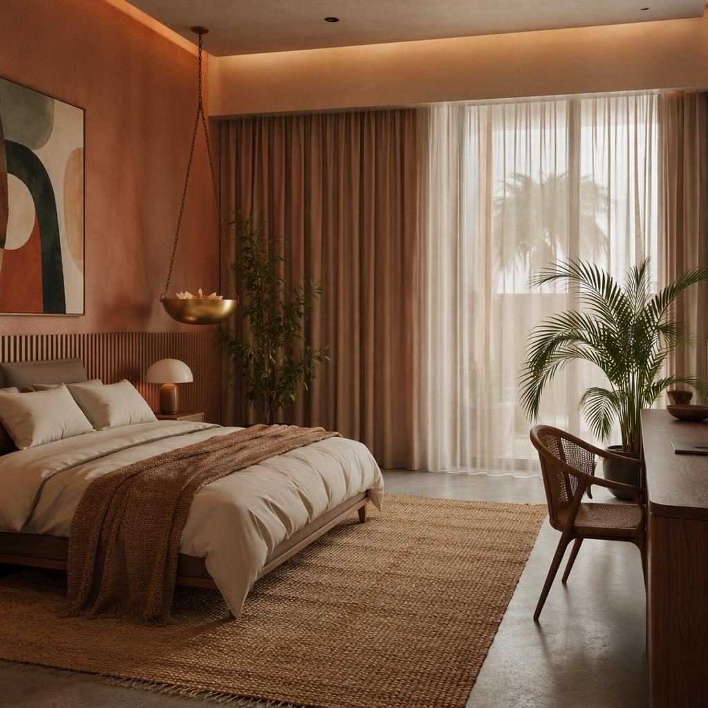 Modern teen bedroom with warm neutral palette, natural materials, textiles, plants, art, and a hanging urli accent
