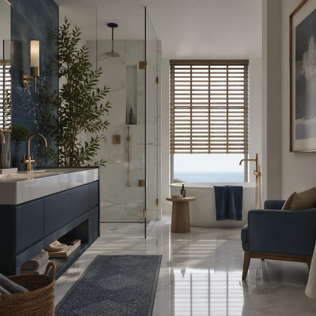 Entrée intérieure de spa contemporain luxueux, palette bleue et laiton, lumière douce, matériaux naturels, plantes et art.