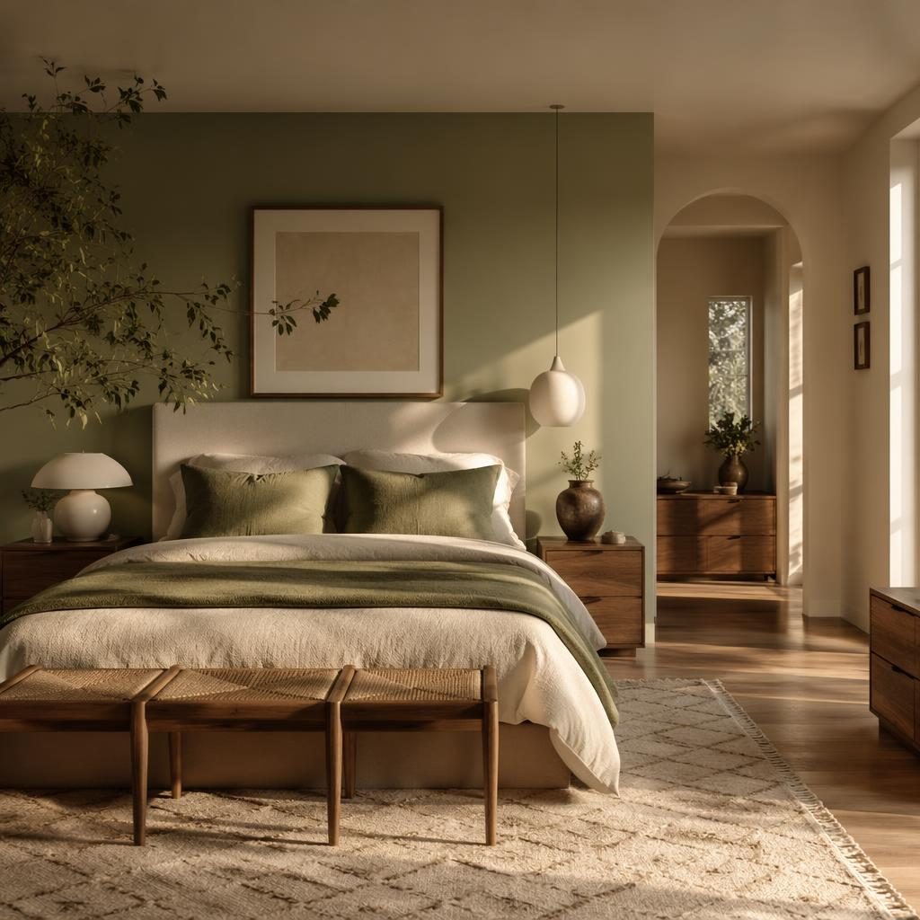 Mid-century walk-in closet in sage and cream with pastel pink beige accents, plants, art, textiles, golden hour light.