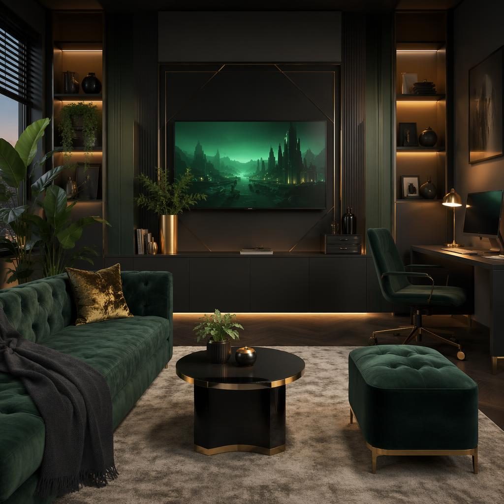 Emerald art deco living room with minimalist styling, warm evening light, plants, textiles, and curated decor.
