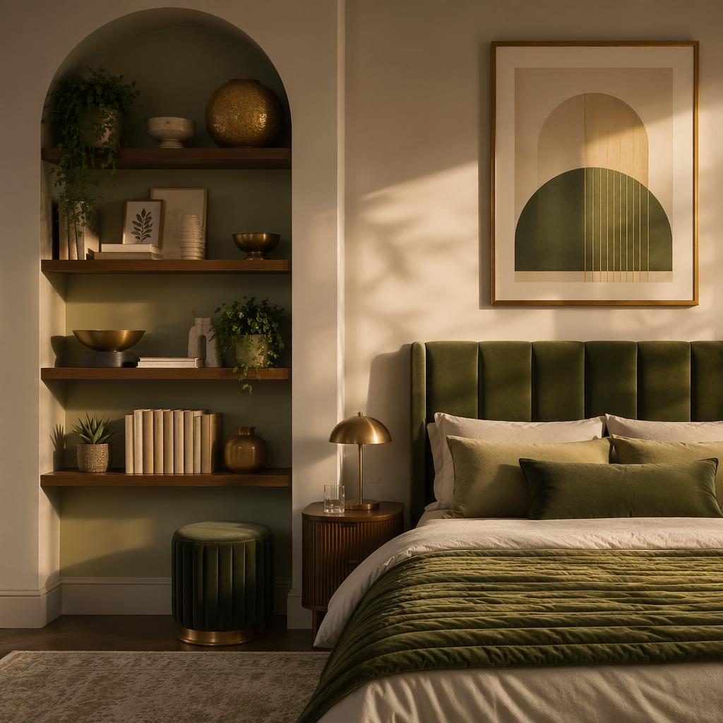 Mid-century living room in sage and cream with a decor shelf, plants, art, textiles, and golden hour light.