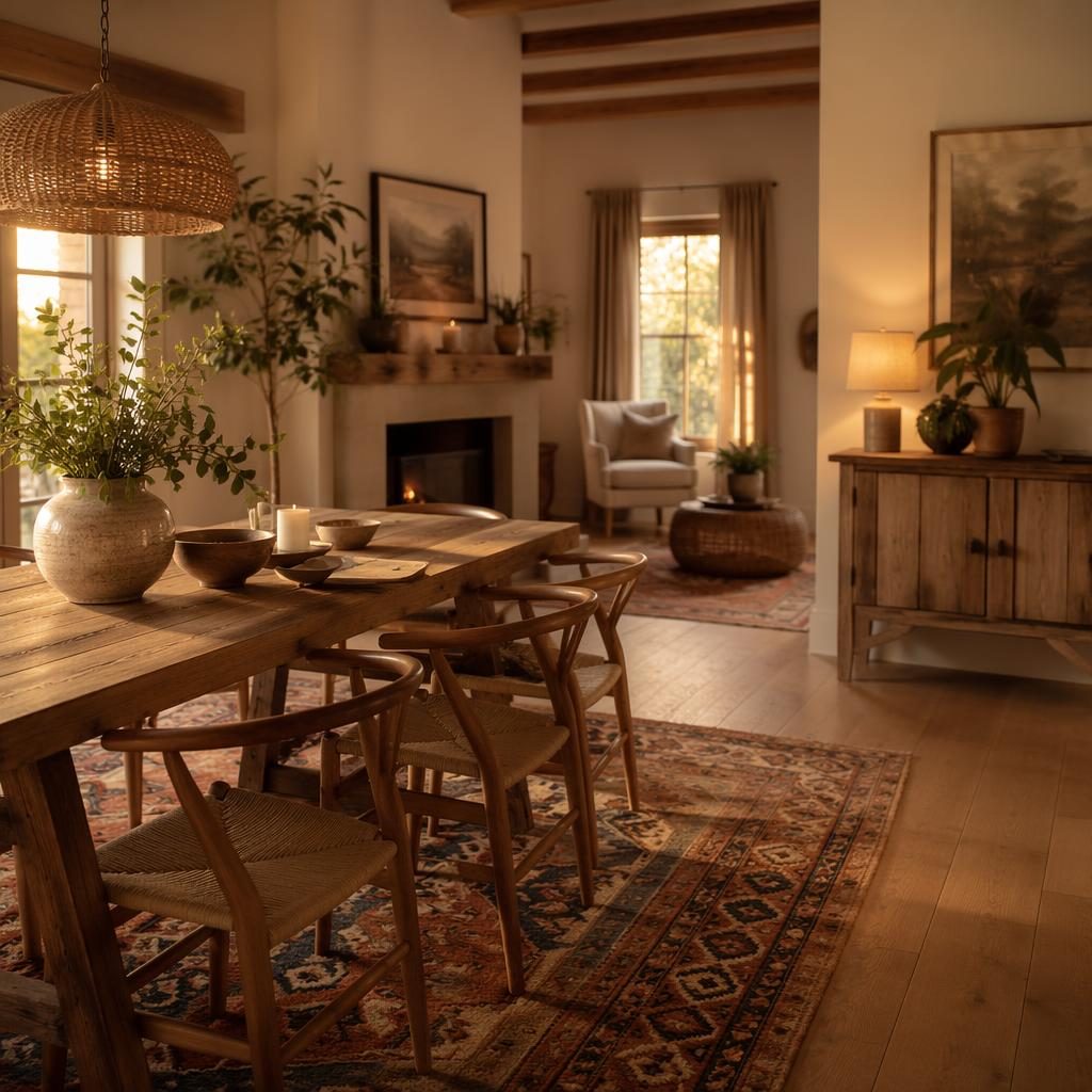 Boho-Wohn-Esszimmer mit warmen Teppichen, Erdtönen, Leseecke, Pflanzen, Kunst, Textilien und goldenem Licht