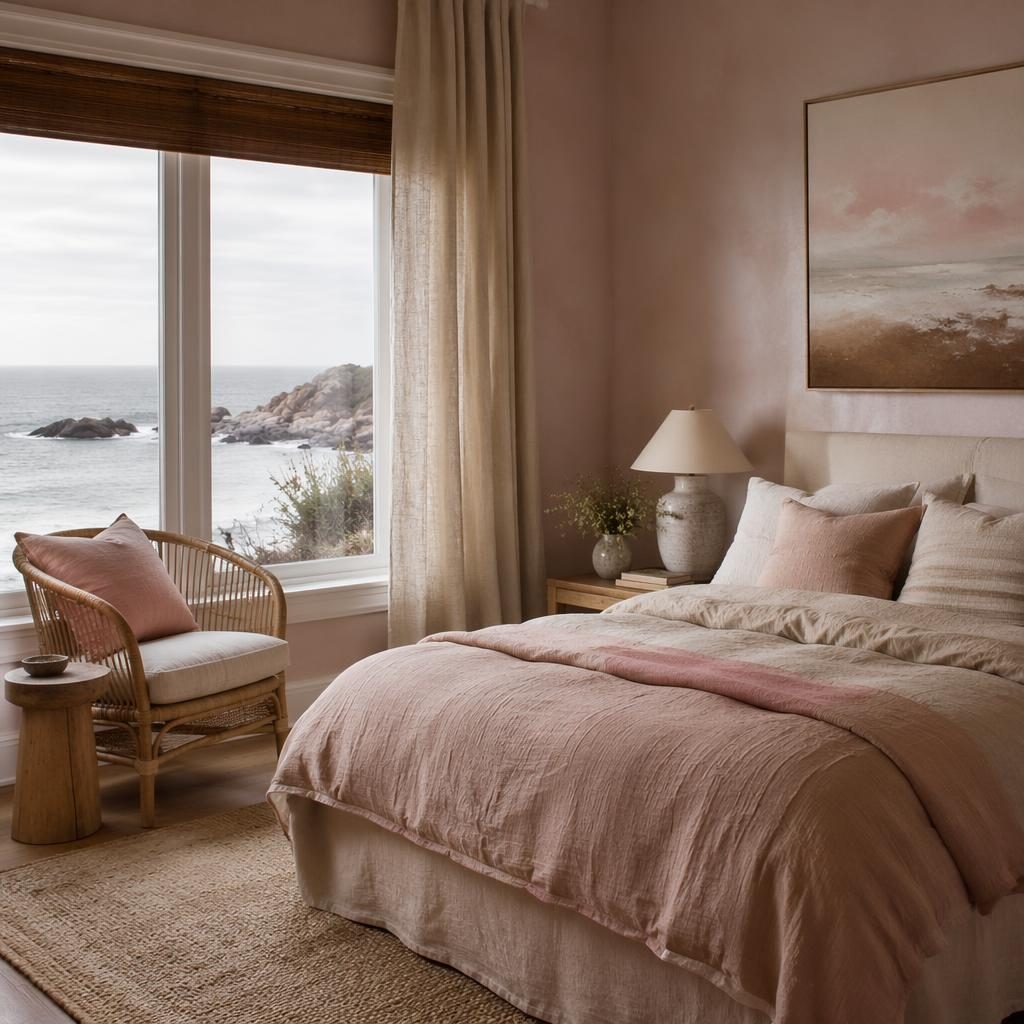Rincón de lectura costero con ropa de cama en lino, paleta rosa pastel y beige, plantas, arte textil y luz difusa.
