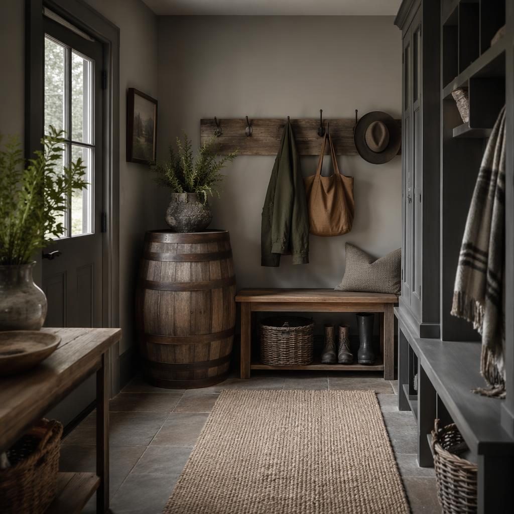 Farmhouse mudroom interior render with cool grey palette, natural materials, plants, textiles, art, and whiskey barrel decor