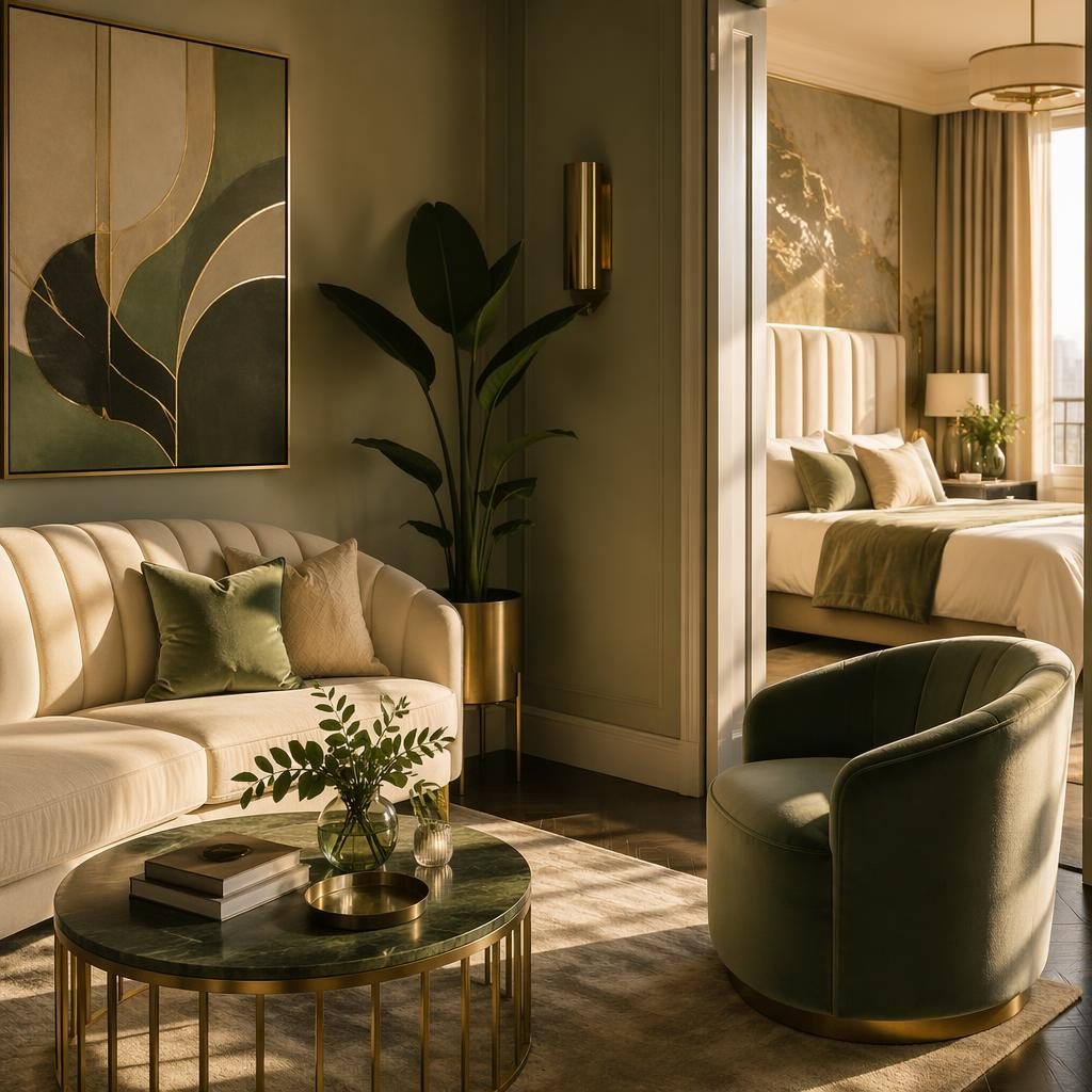 Sala de estar pequeña estilo art déco en tonos salvia y crema, luz dorada, muebles elegantes, plantas y textiles.