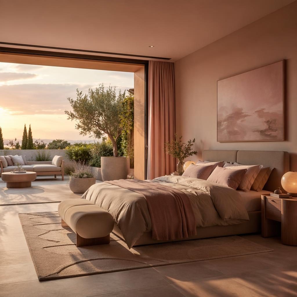 Luxury contemporary master suite in pastel pink and beige, with natural materials, plants, textiles, art, and warm golden hour light.