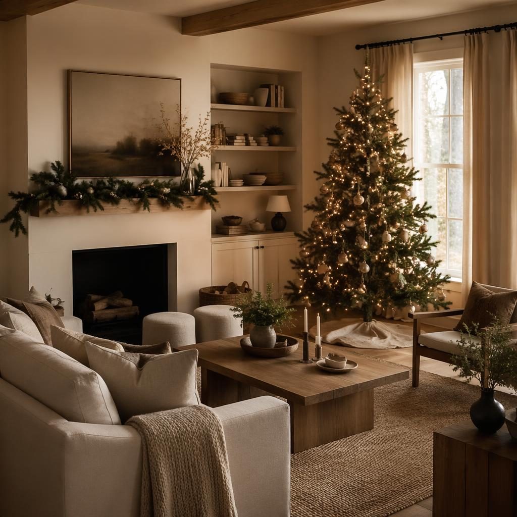 Modern farmhouse living room with a decorated Christmas tree, warm neutral tones, natural materials, plants, art, and textiles.