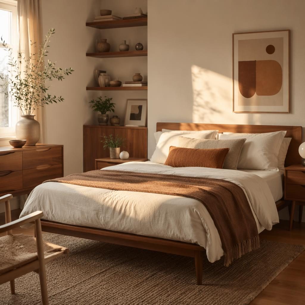 Chambre scandinave en tons terre à l’heure dorée, bois clair, textiles naturels, plantes et composition soignée.
