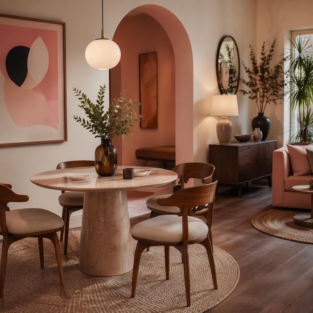Recibidor de estilo mid-century en rosa pastel y beige, con mesa pequeña, alfombra cálida, plantas y arte mural.