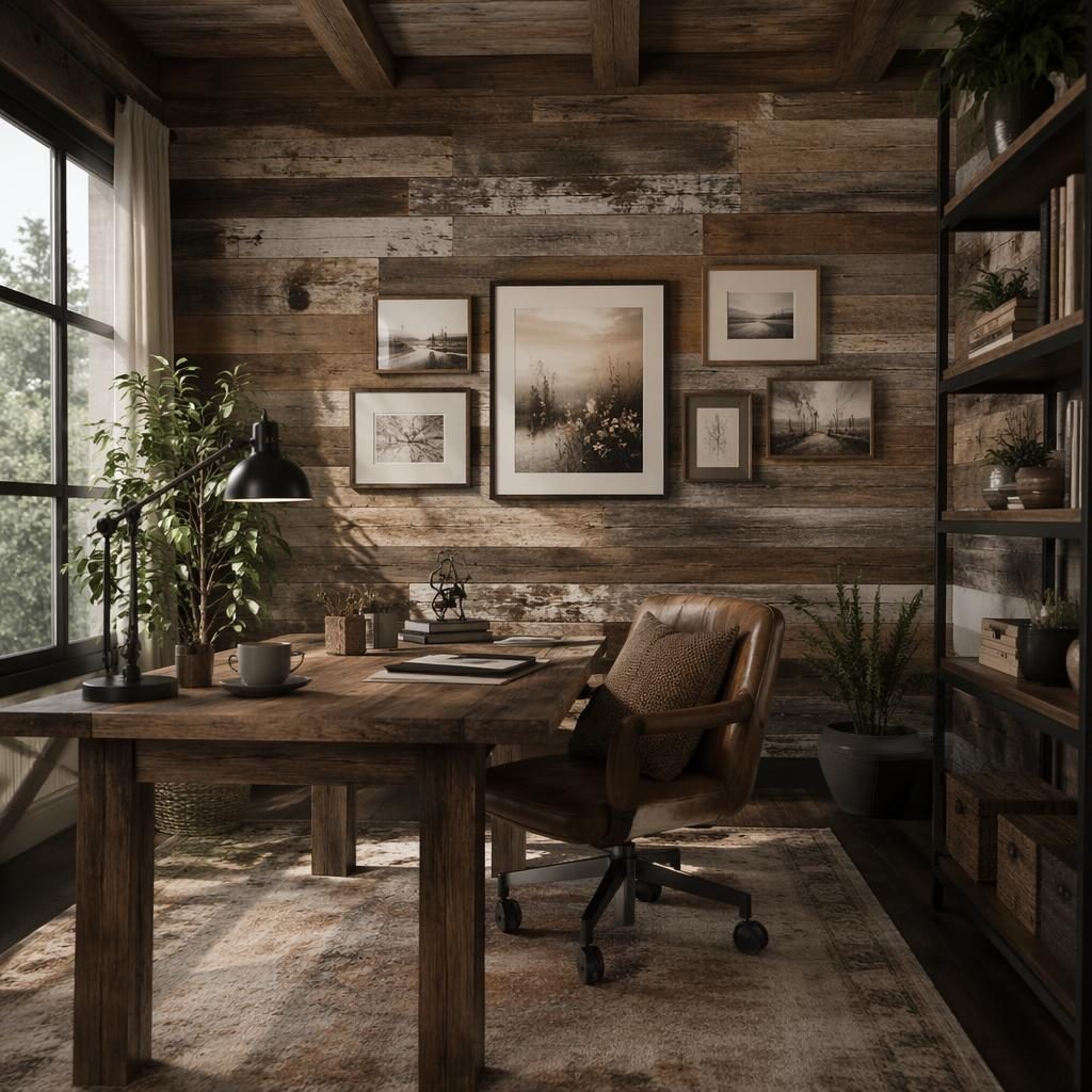 Dormitorio farmhouse con muralla decorada, madera recuperada, tonos neutros cálidos, textiles, plantas y arte mural.