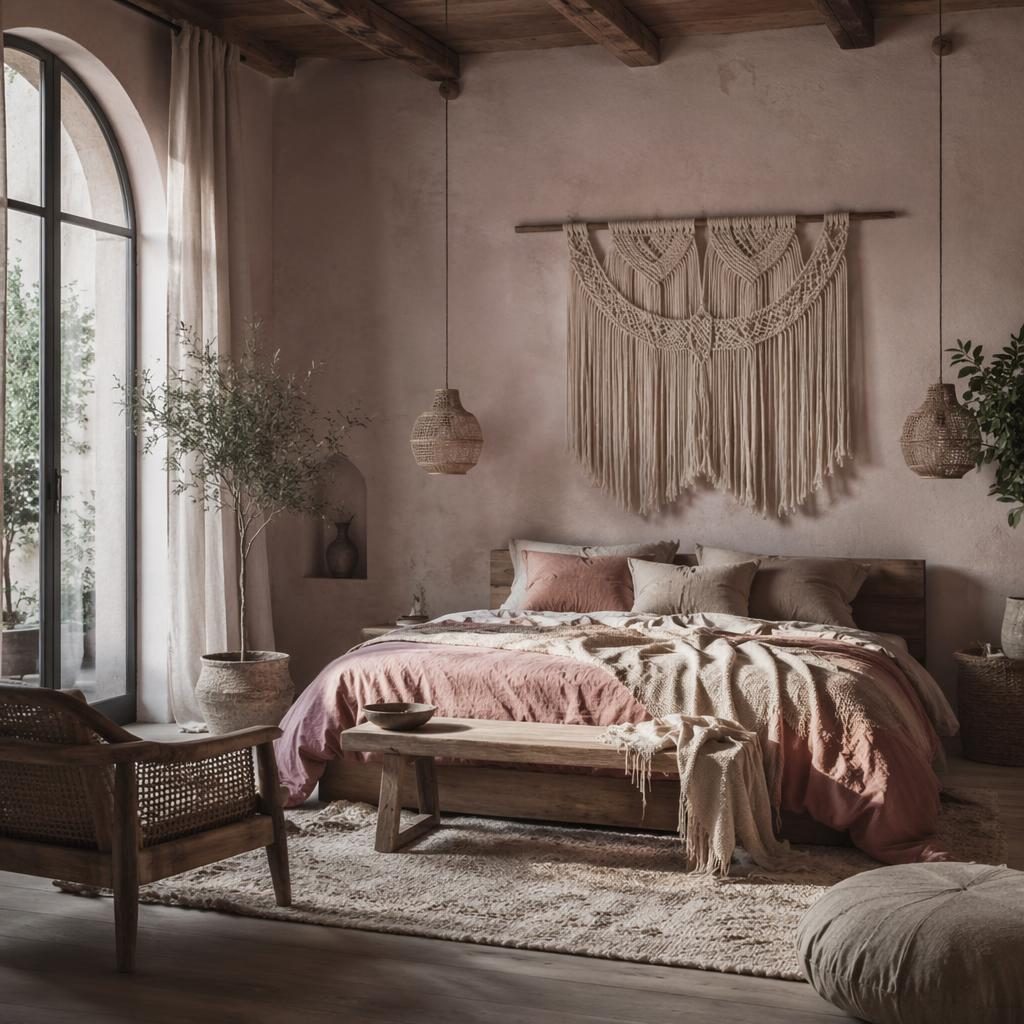 Salon de ferme bohème avec macramé, tons rose pastel et beige, matières naturelles, plantes, art textile et lumière tamisée.