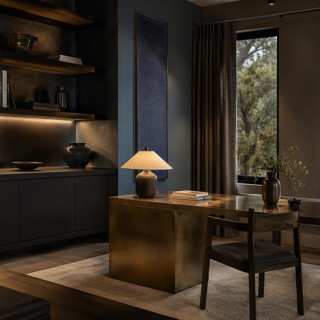 Scandinavian kitchen in wabi-sabi style with blue and brass accents, warm evening light, natural materials, plants, art, and textiles.