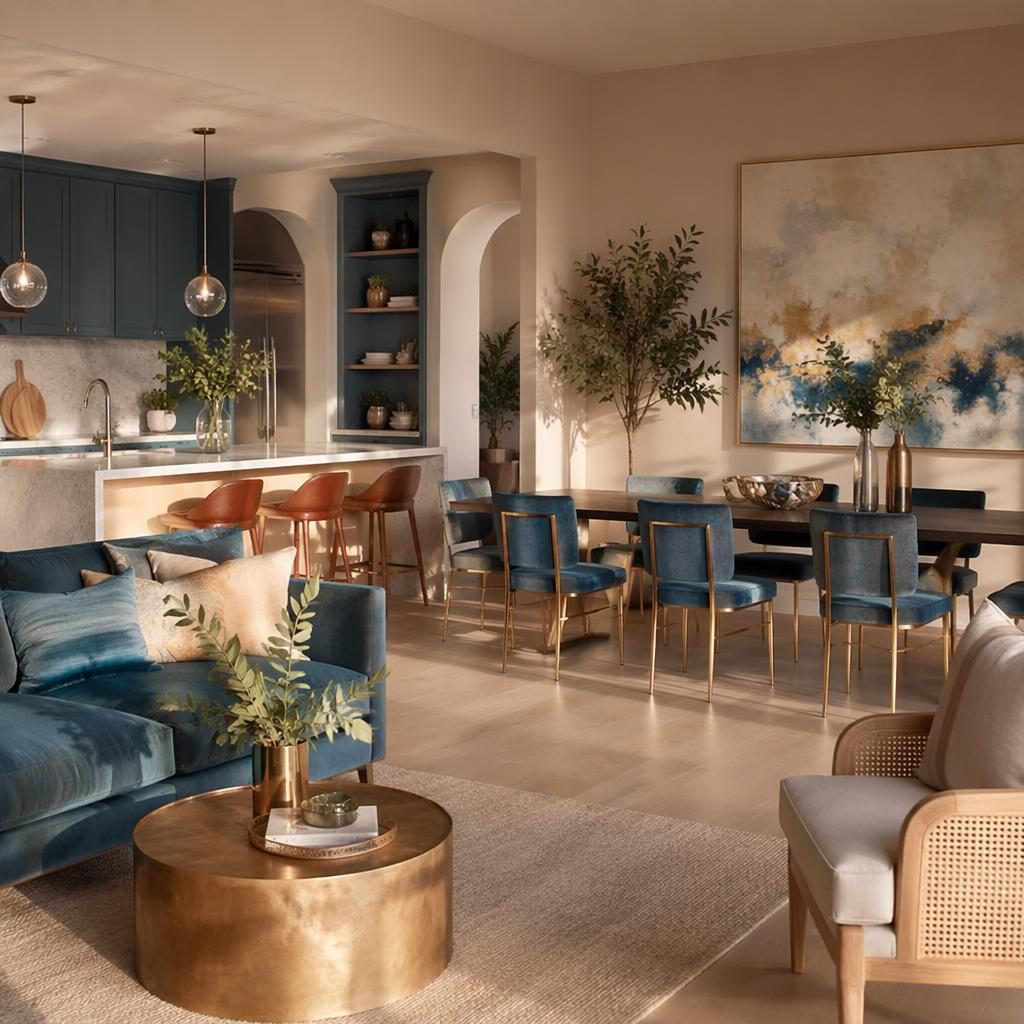 Boho open plan kitchen living dining interior with pastel pink and beige tones, blue and brass dining area, plants.