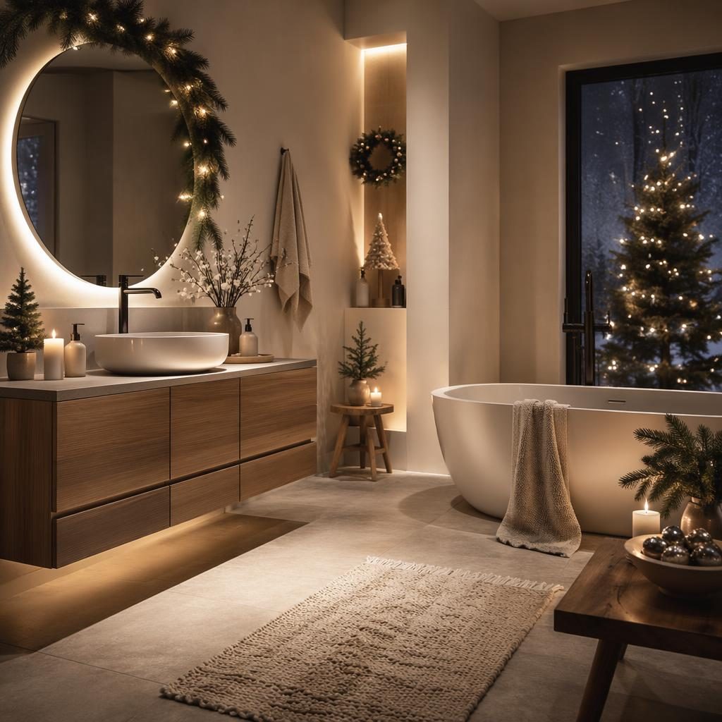 Salle de bain scandinave en tons neutres chauds, lumière du soir, bois naturel, textiles, plantes et décoration de noêl.