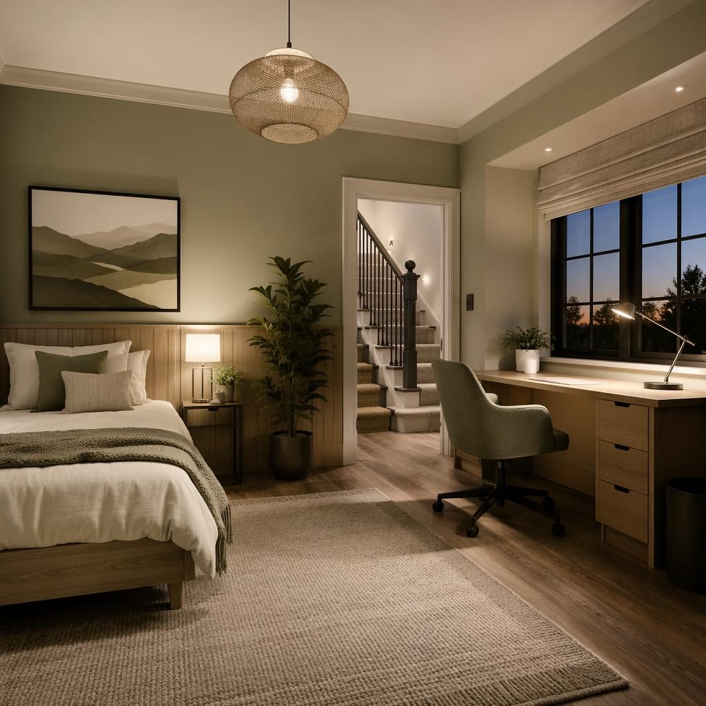 Modern teen bedroom interior in sage and cream tones with warm evening light, natural materials, plants, art and textiles.