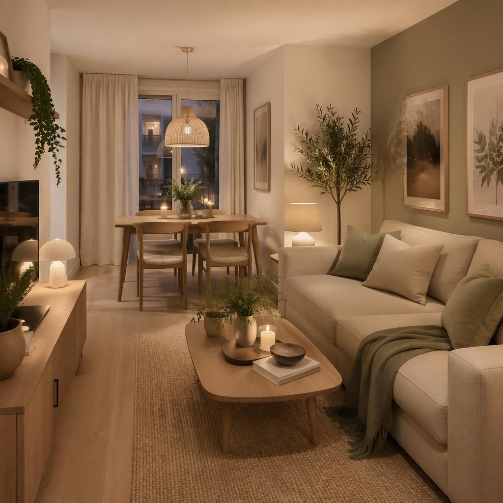 Salón comedor pequeño rectangular escandinavo en tonos salvia y crema, con madera, plantas, arte y luz cálida.