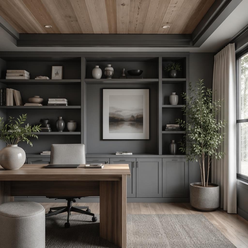 Realistic farmhouse mudroom interior with cool grey palette, soft daylight, wood bench, storage, plants, art and textiles