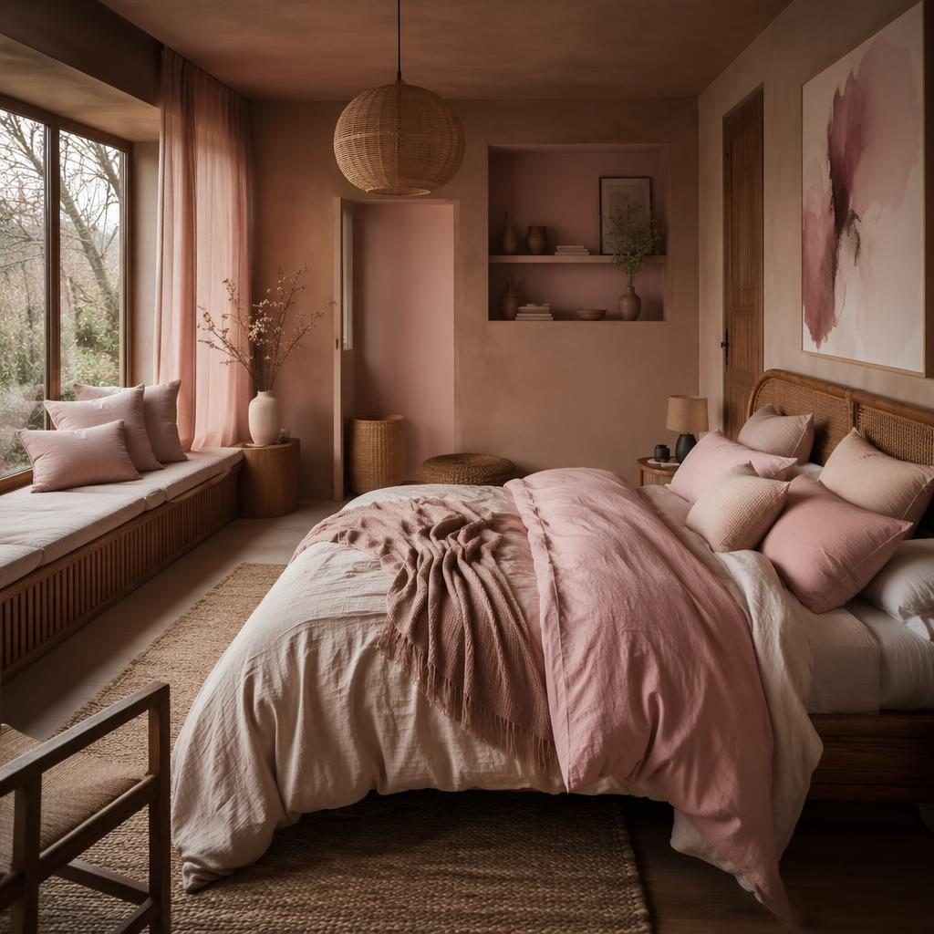 Coastal Japandi sun room with warm pink tones, rattan furniture, natural textiles, plants, art, and moody light.