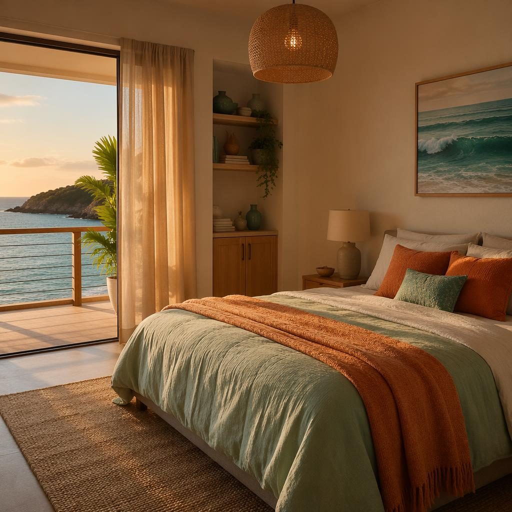 Realistic coastal interior with orange and teal decor, sage and cream tones, minimalist concrete kitchen, plants, art and textiles