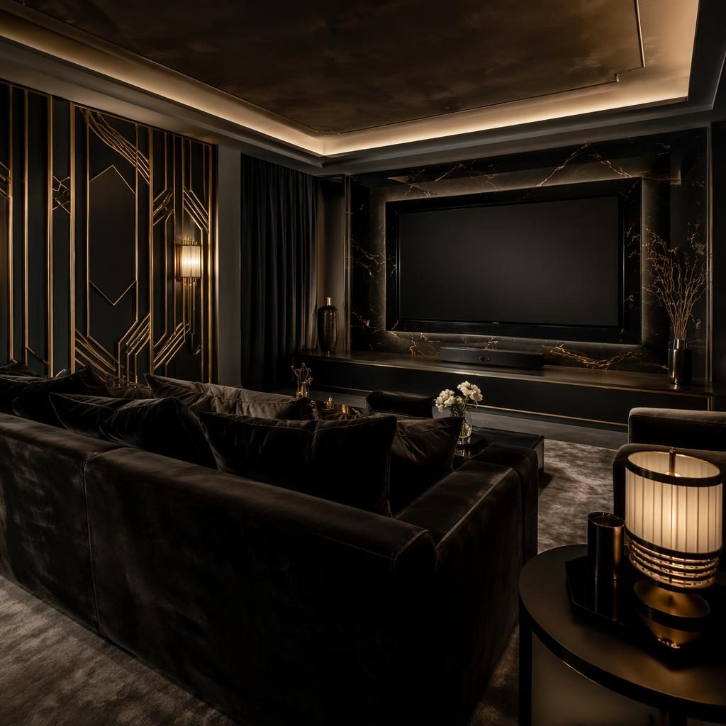 Comedor interior wabi-sabi en blanco y negro con estilo home cinema oscuro, luz dorada, materiales naturales, plantas y arte.