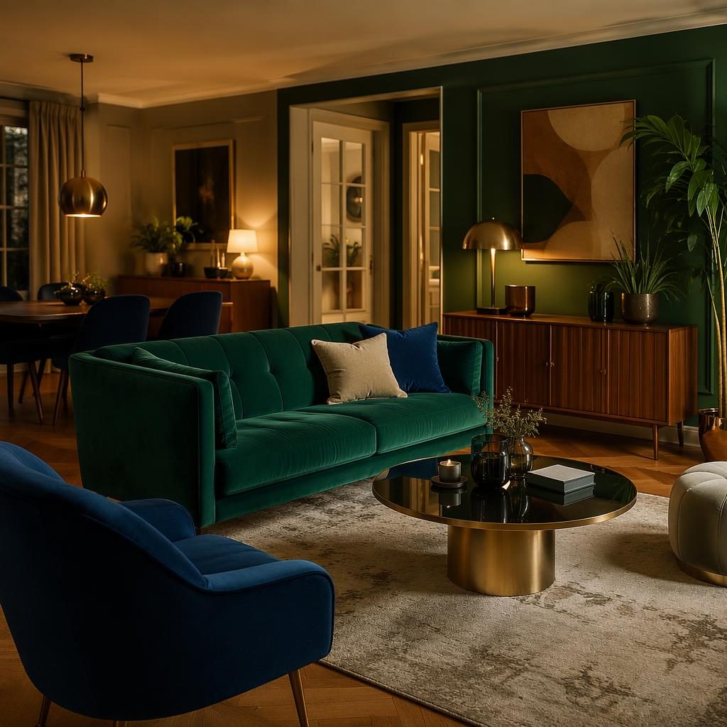Mid-Century-Wohnzimmer in Blau, Messing und Smaragd mit Pflanzen, Kunst, Textilien und warmem Abendlicht