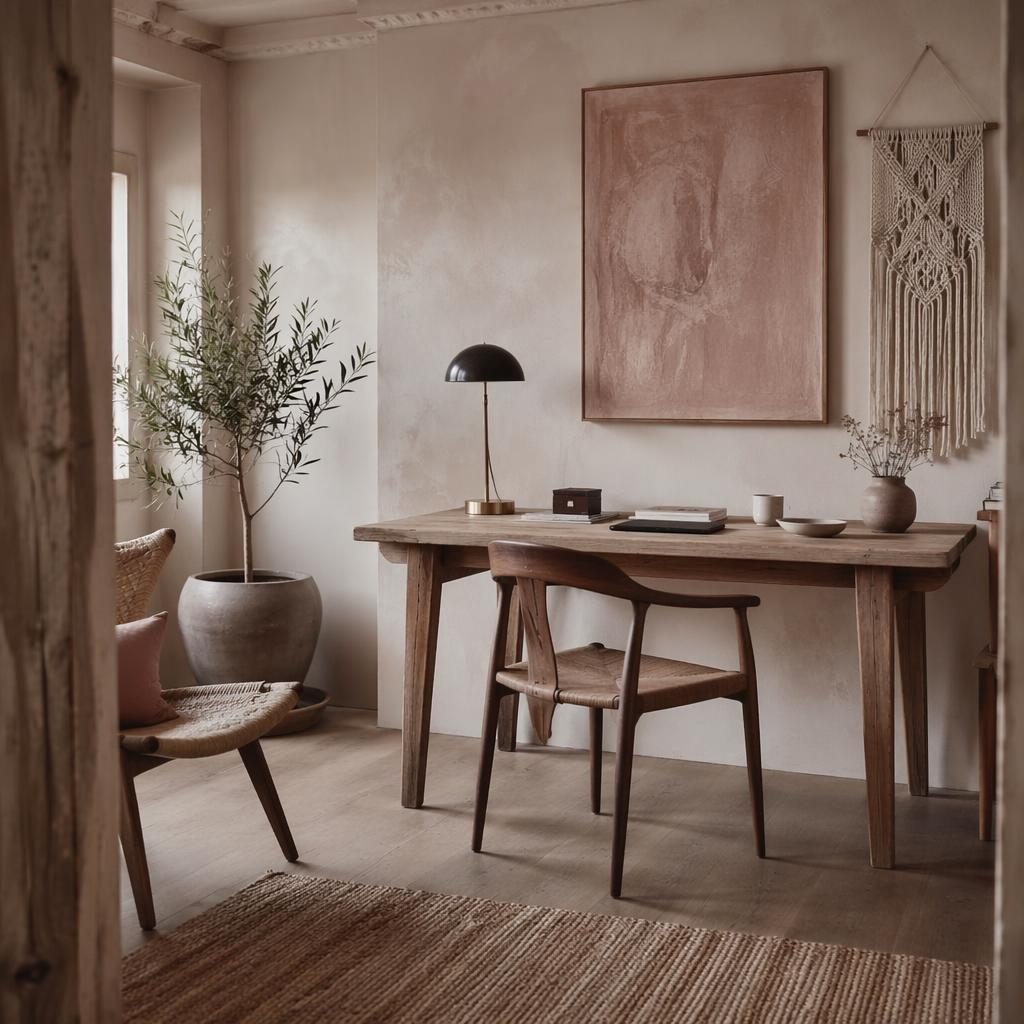 Wabi-Sabi-Homeoffice in Rosa und Beige mit Naturmaterialien, Pflanzen, Textilien, Kunst und Makramee im Boho-Stil.