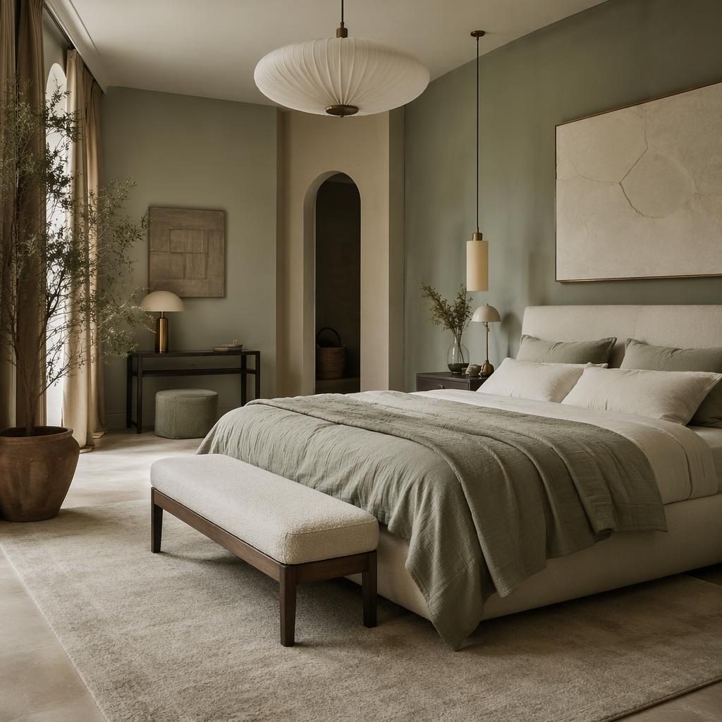 Modernes Schlafzimmer in Salbei und Creme mit natürlichen Materialien, Kunst, Textilien, Pflanzen und moody Licht
