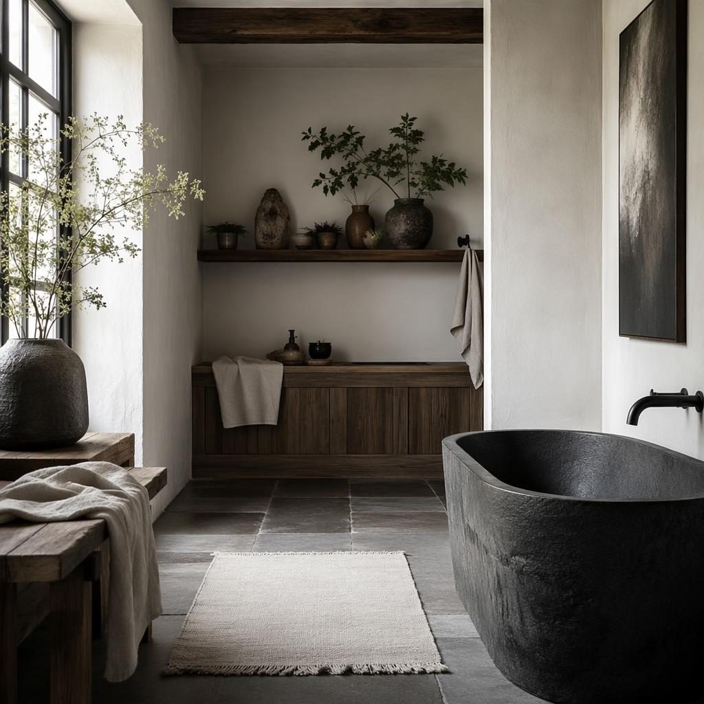 Mudroom farmhouse wabi-sabi en noir et blanc, lumière douce, matériaux naturels, plantes, art textile et fleur décorative salon.