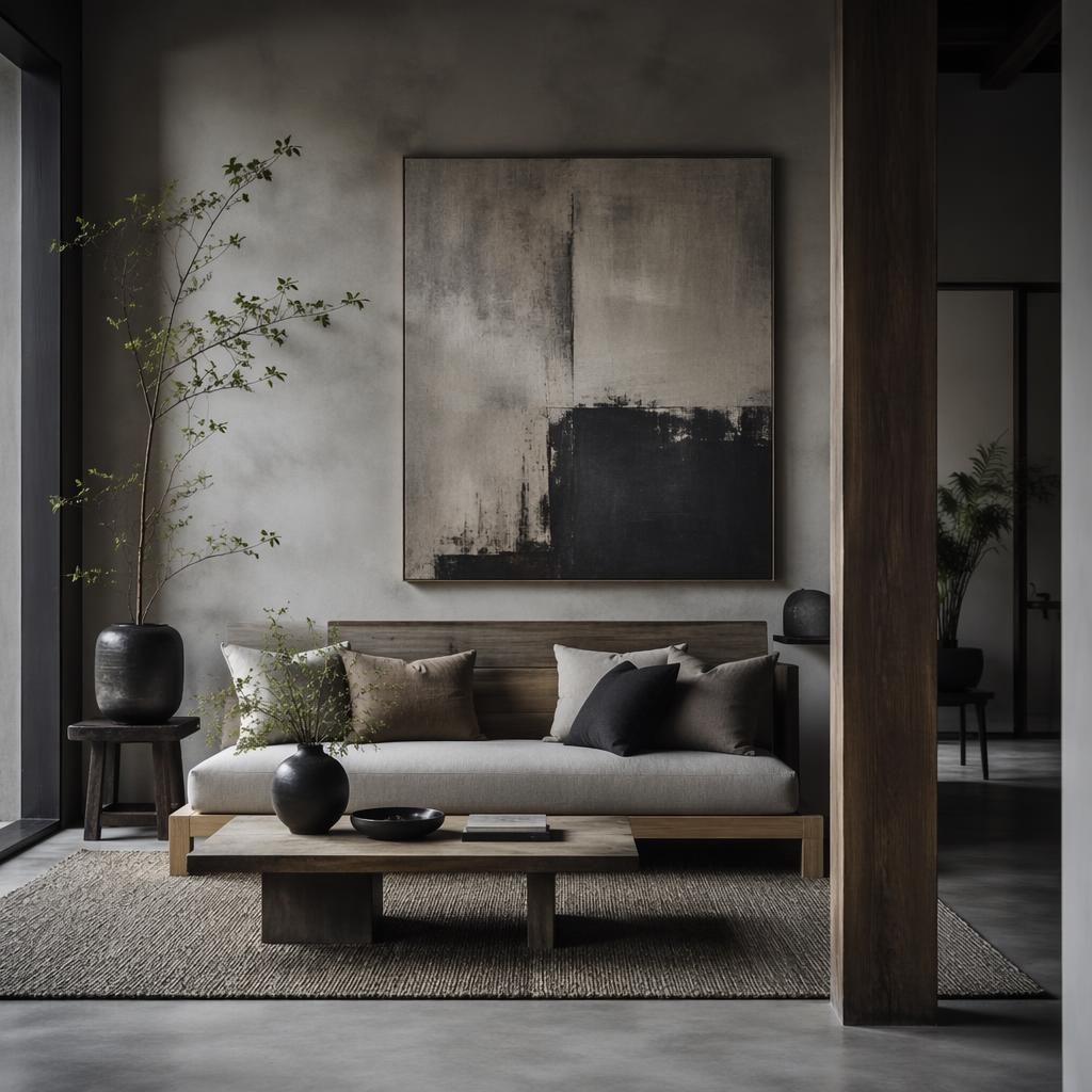 Salón japandi con entrada de estilo industrial, paleta gris fría, cuadros decorativos, plantas, textiles y luz ambiental