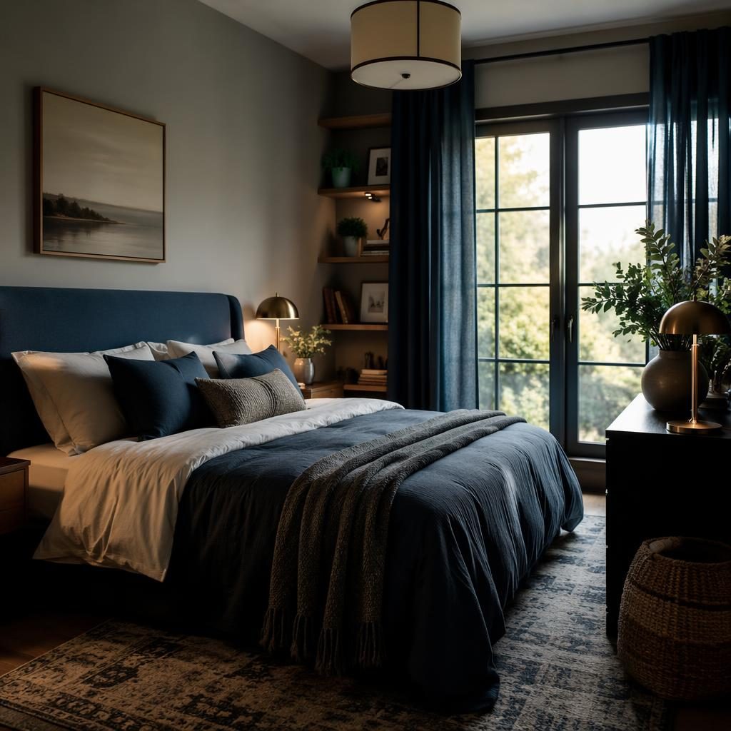 Luxury contemporary spa bathroom with blue and brass accents, natural materials, plants, art, textiles, and moody lighting