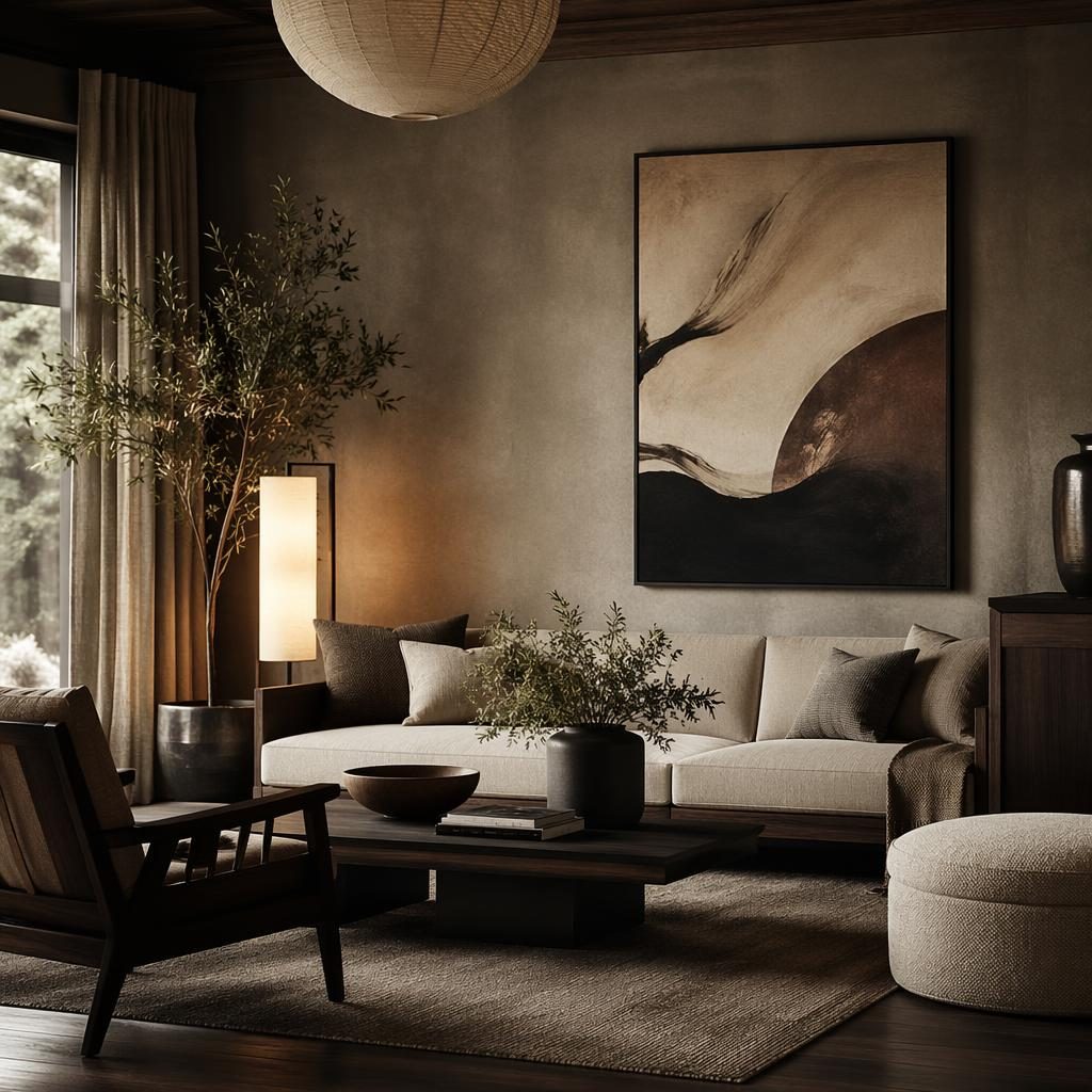 Chambre japandi en tons terre, lumière tamisée, matériaux naturels, plantes, textiles et décoration murale salon.
