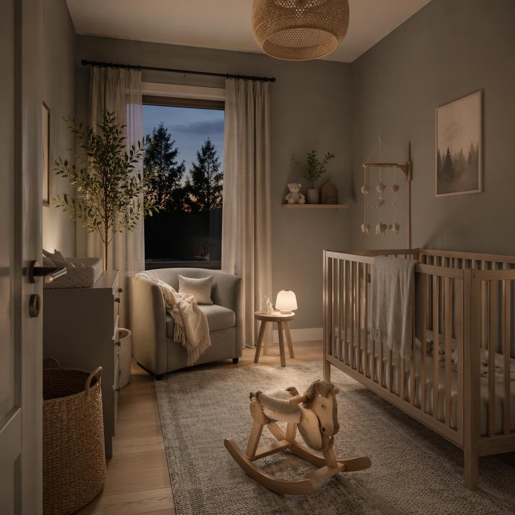 Rendu photo réaliste d’une chambre bébé scandinave aux tons gris, avec bois clair, textiles doux, plantes et lumière du soir.