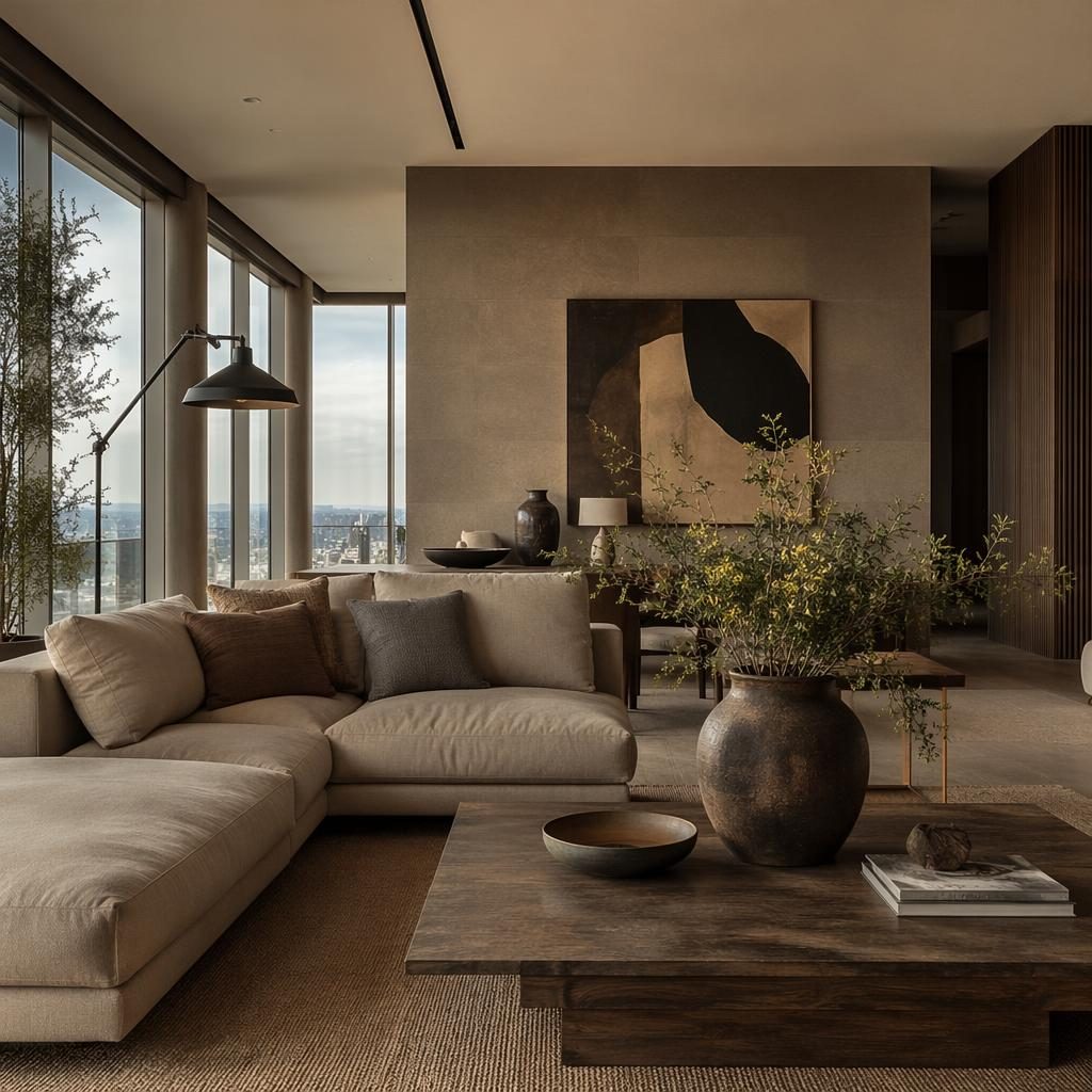 Luxuriöses modernes Penthouse-Wohnzimmer in Erdtönen mit Naturmaterialien, Pflanzen, Kunst und weichen Textilien