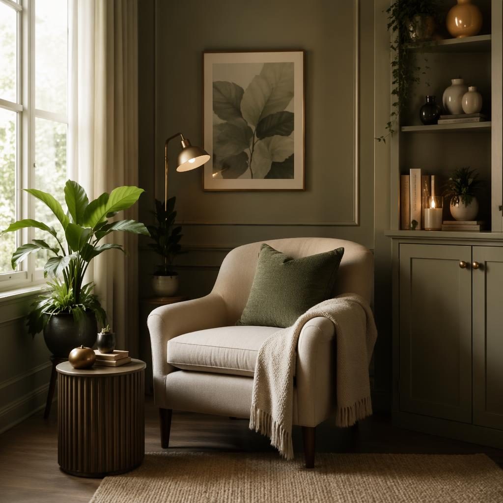 Realistic Scandinavian bathroom with sage and cream tones, natural materials, plants, textiles, and moody ambient light