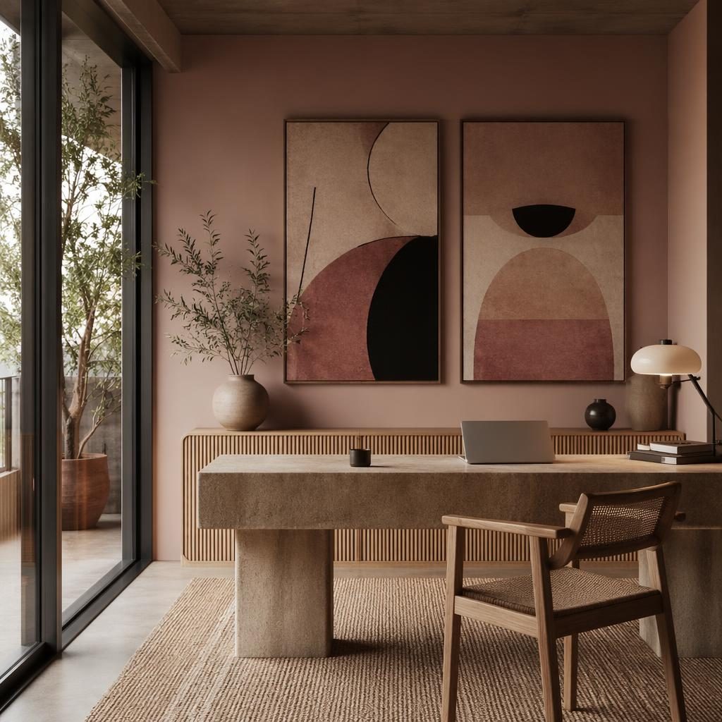 Balcón japandi con estilo industrial, paleta rosa pastel y beige, muebles naturales, plantas, arte textil y luz tenue.