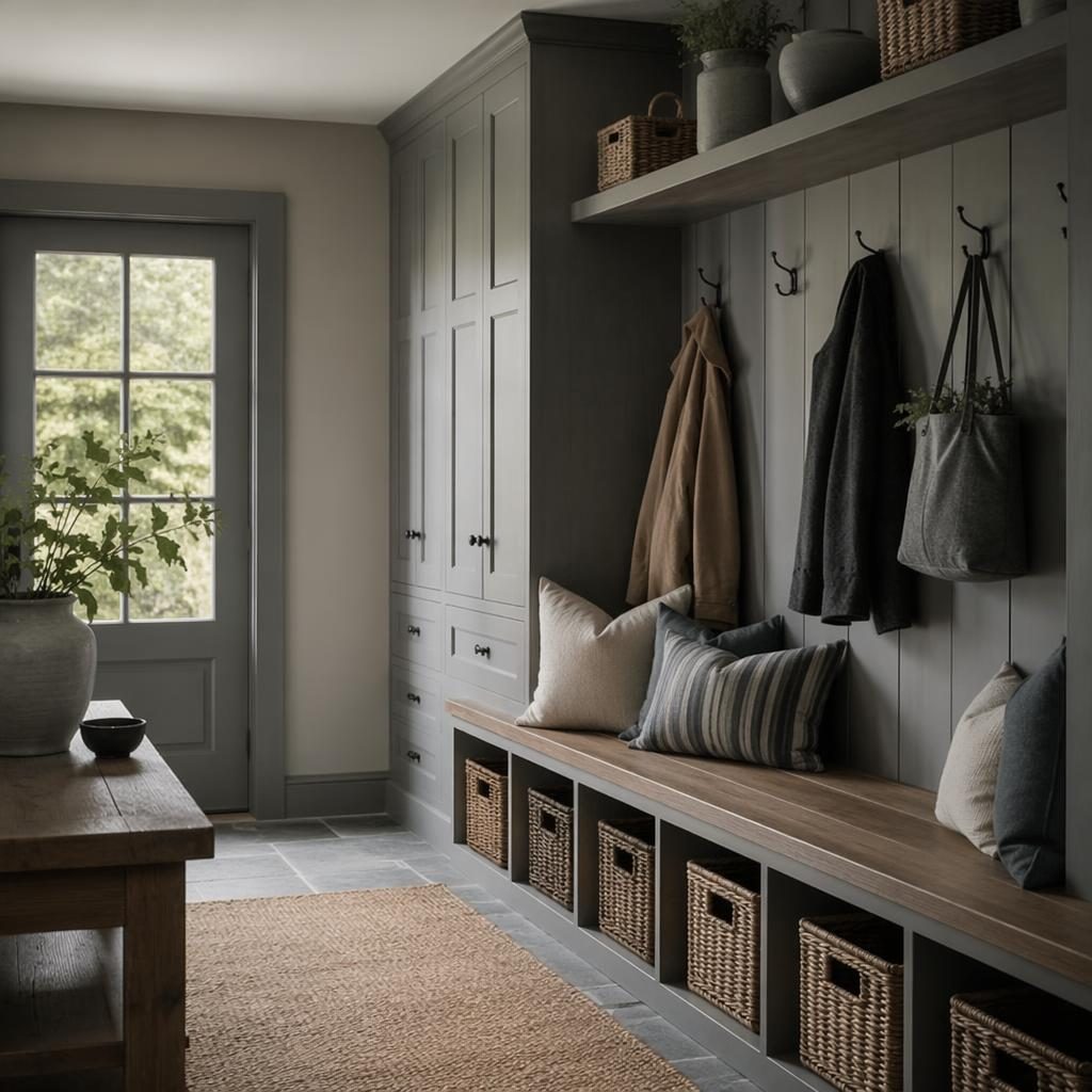 Farmhouse-Mudroom mit kühlen Grautönen, Tageslicht, Naturmaterialien, Bank, Textilien, Pflanzen und Kunst