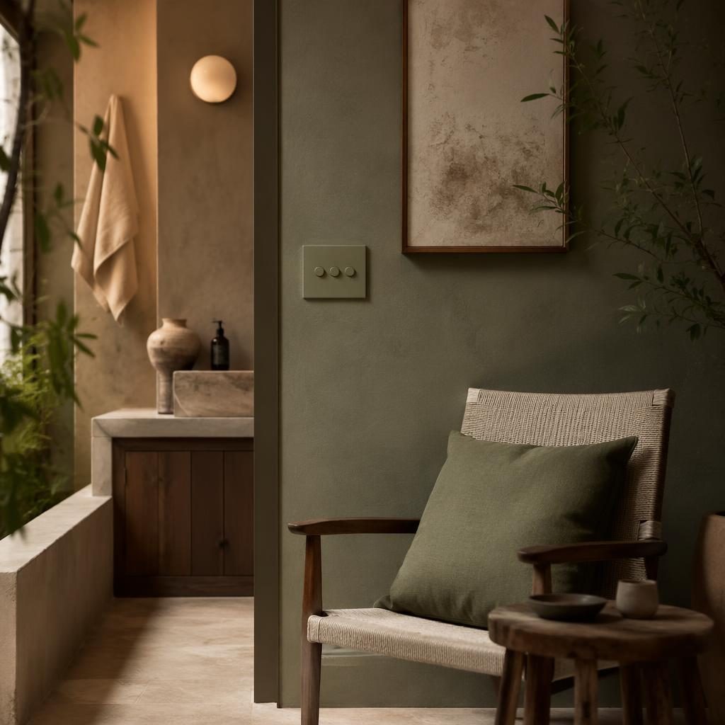 Baño japandi en tonos salvia y crema con rincón de lectura wabi sabi, plantas, textiles y materiales naturales