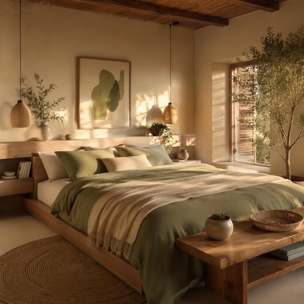 Vestidor estilo japandi boho en tonos salvia y crema, con materiales naturales, plantas, arte y luz dorada.