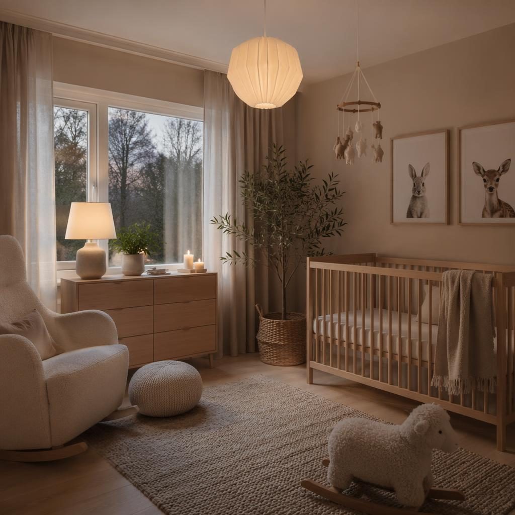 Scandinavian nursery interior with warm neutral tones, natural wood furniture, soft textiles, plants, wall art, and evening light