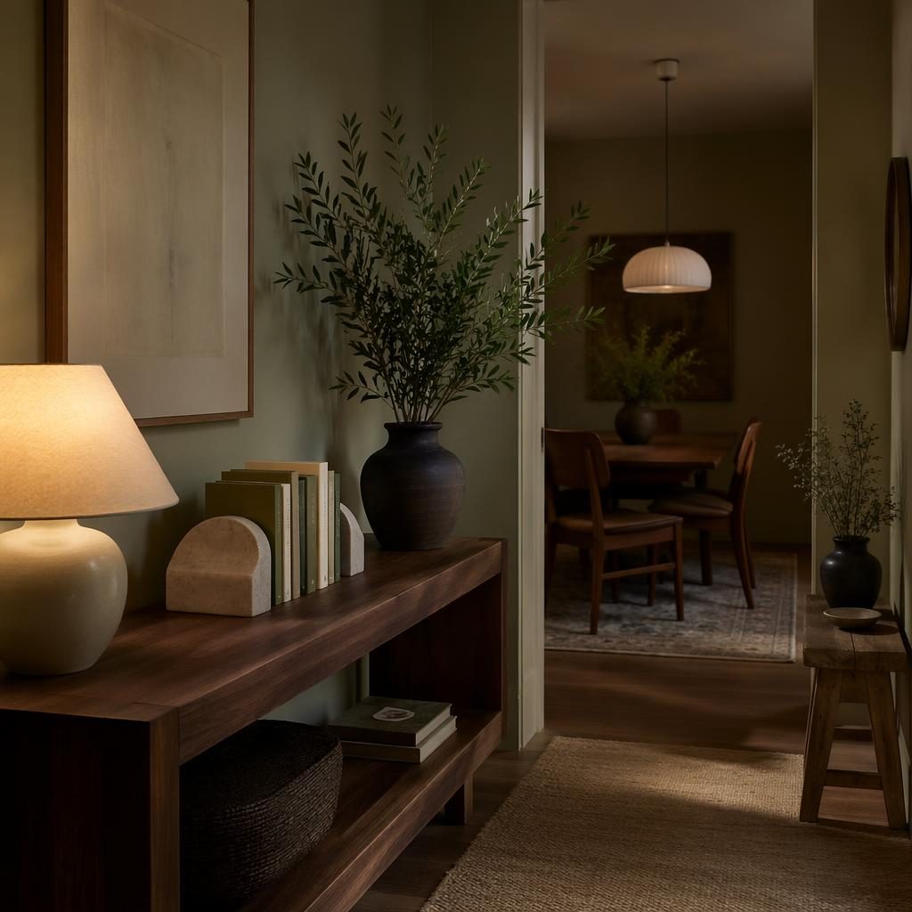 Wabi-sabi entryway interior in sage and cream with warm wood furniture, plants, textiles, art, and soft evening light