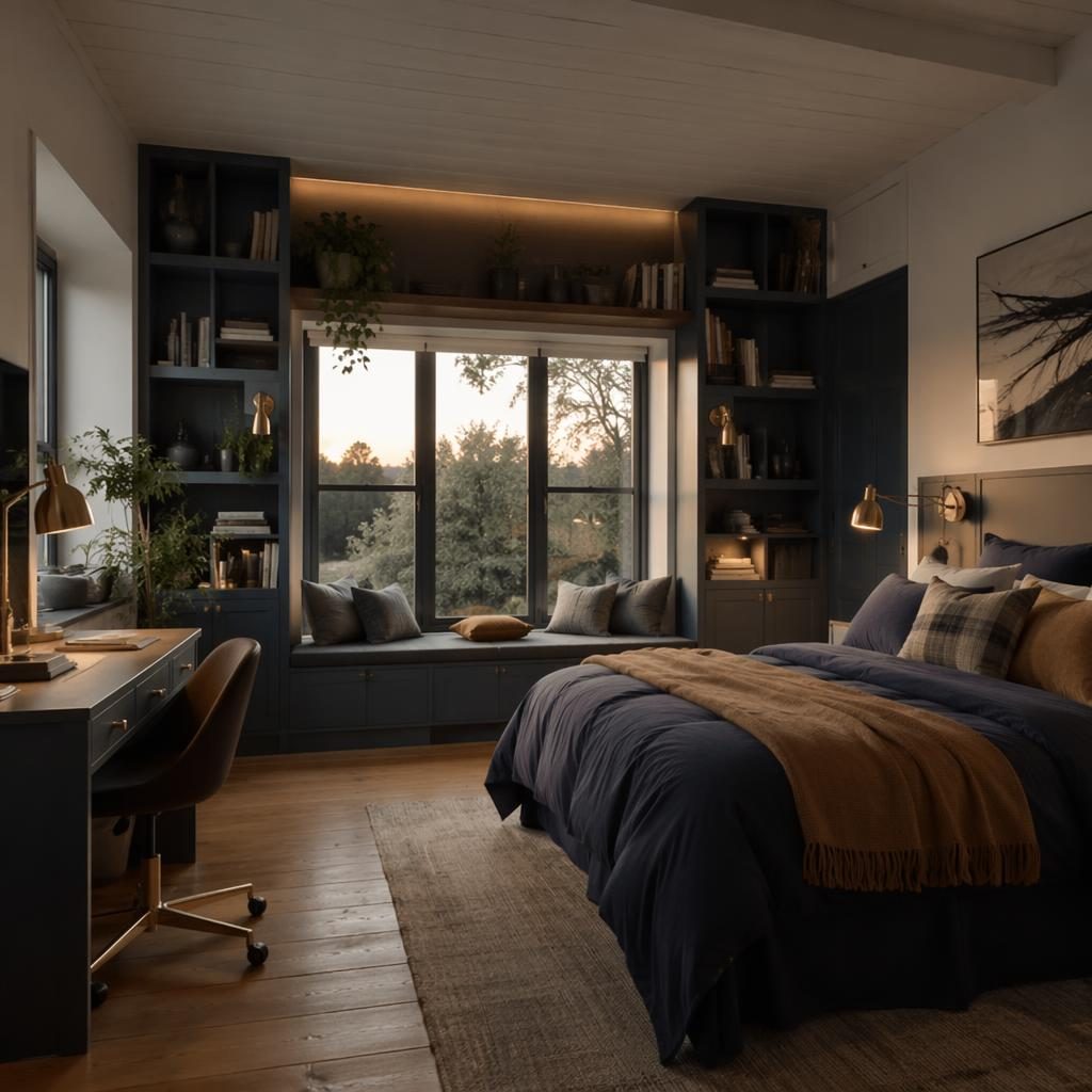 Modernes Teenager-Schlafzimmer mit blauer und messingfarbener Palette, warmem Abendlicht, Naturmaterialien, Pflanzen und Textilien.