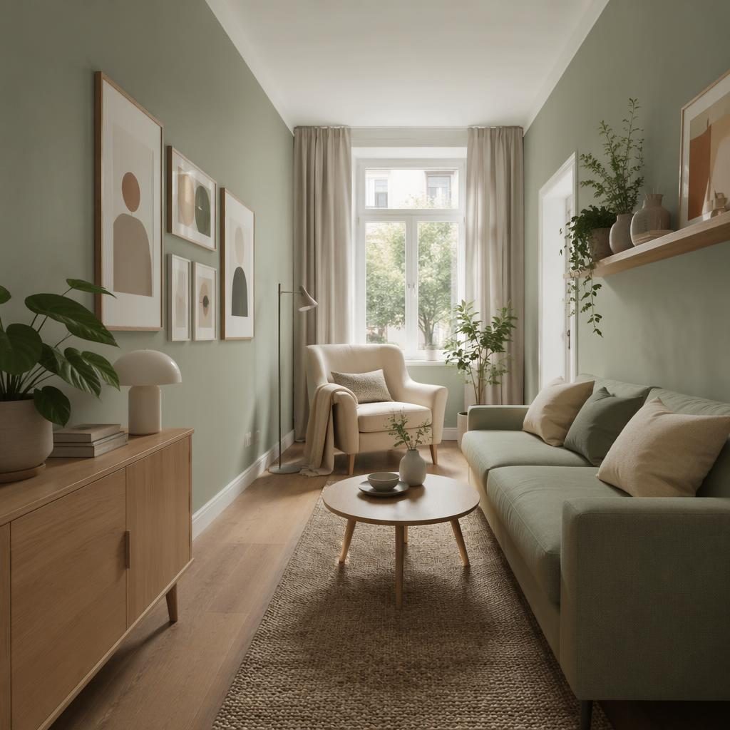 Minimalistische Leseecke im langen schmalen Wohnzimmer mit Salbei-Creme-Palette, Galerie-Wand, Pflanzen und Tageslicht