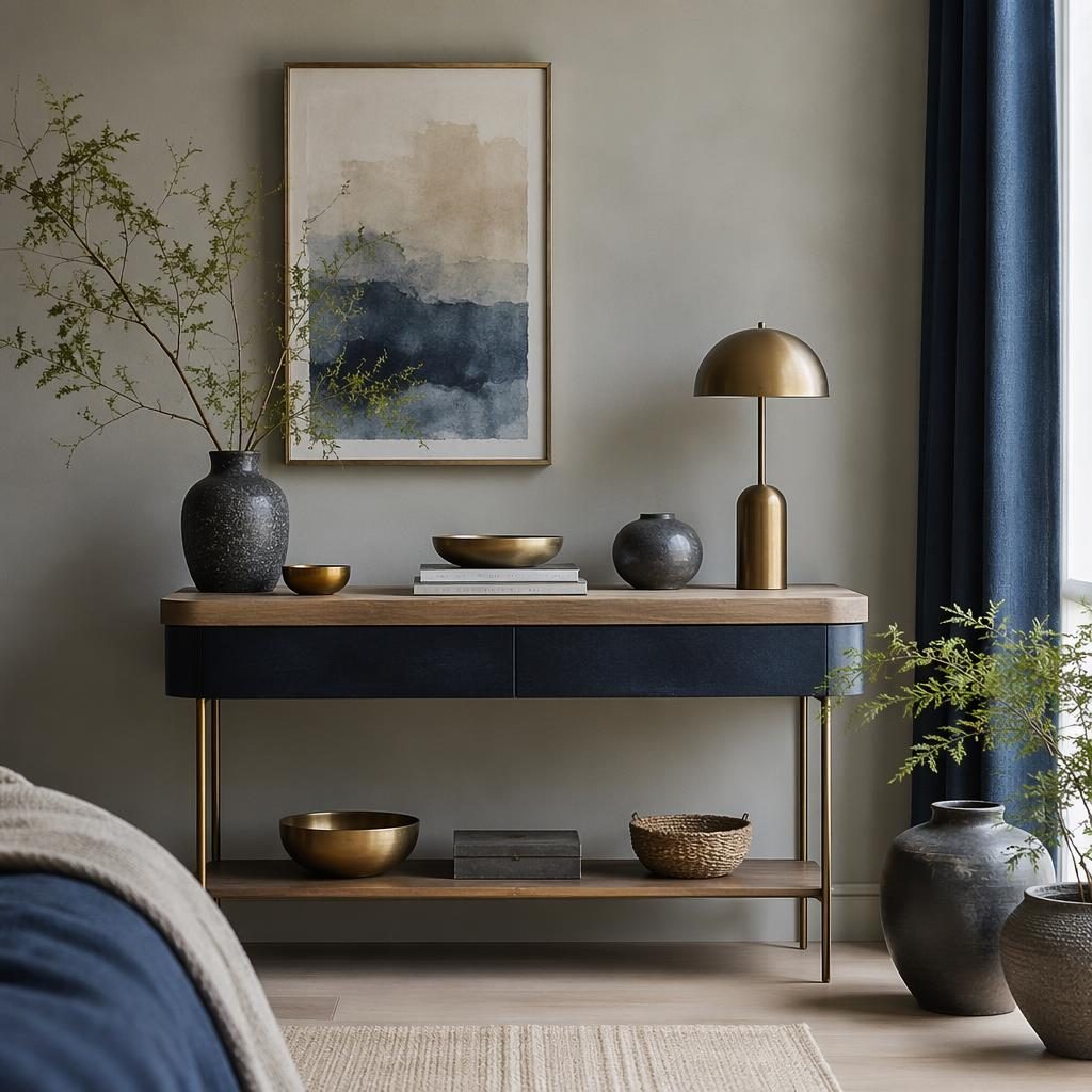 Scandinavian bedroom interior with blue and brass accents, natural materials, plants, textiles, art, and modern console table decor.