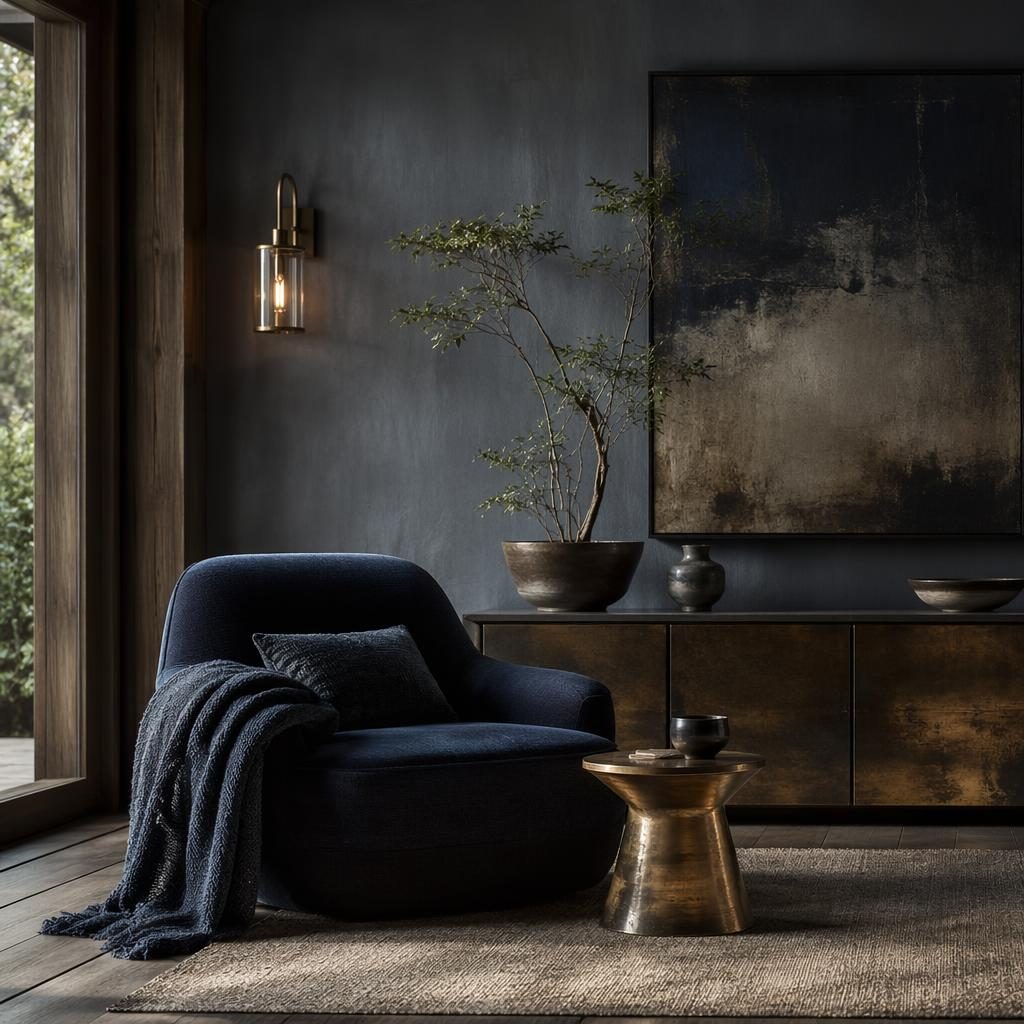 Moody wabi-sabi reading corner with blue and brass accents, natural materials, plants, art, textiles, and layered seating.
