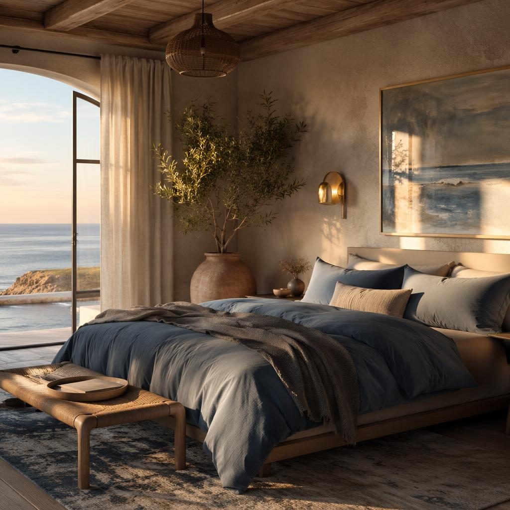 Chambre côtière wabi-sabi aux tons bleus et laiton, lumière dorée, matières naturelles, plantes, textiles et art mural.