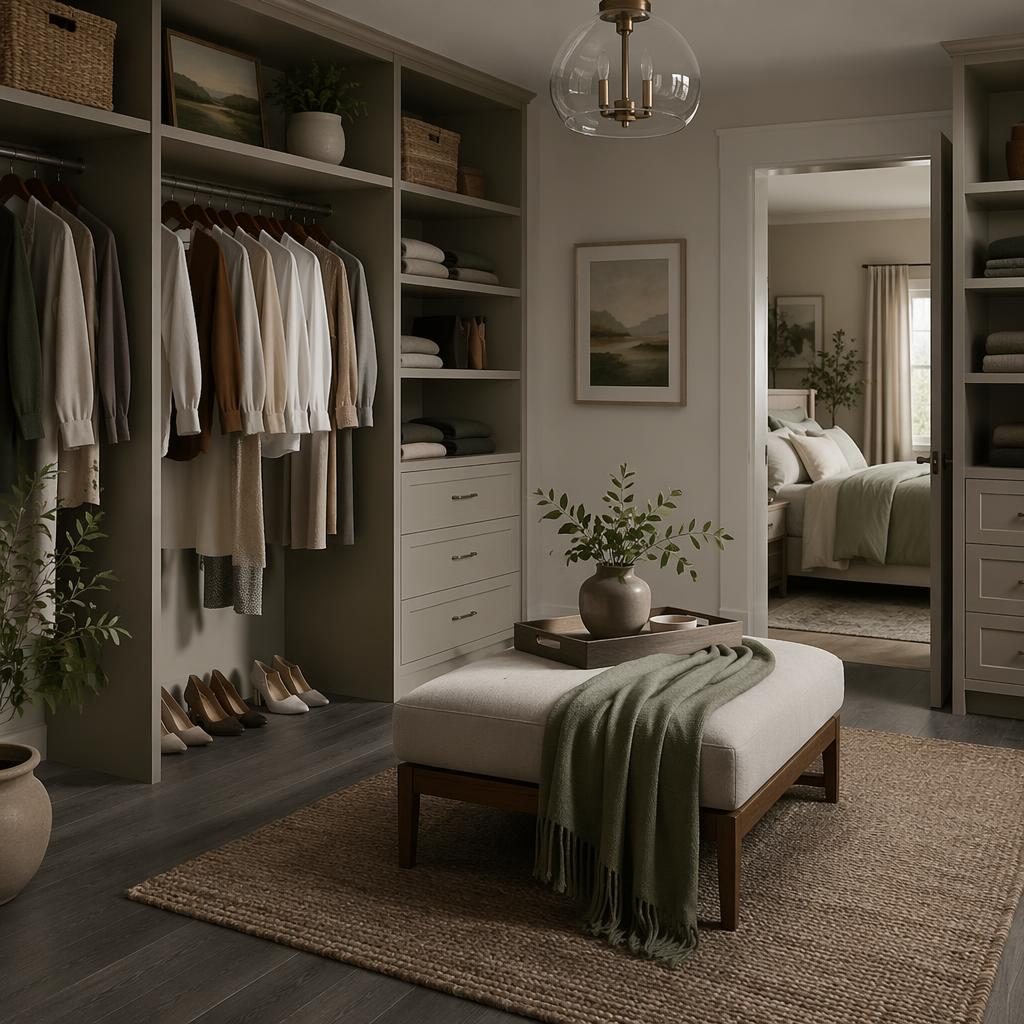 Farmhouse walk-in closet interior render in cool greys with natural wood, textiles, plants, art, and soft overcast light.